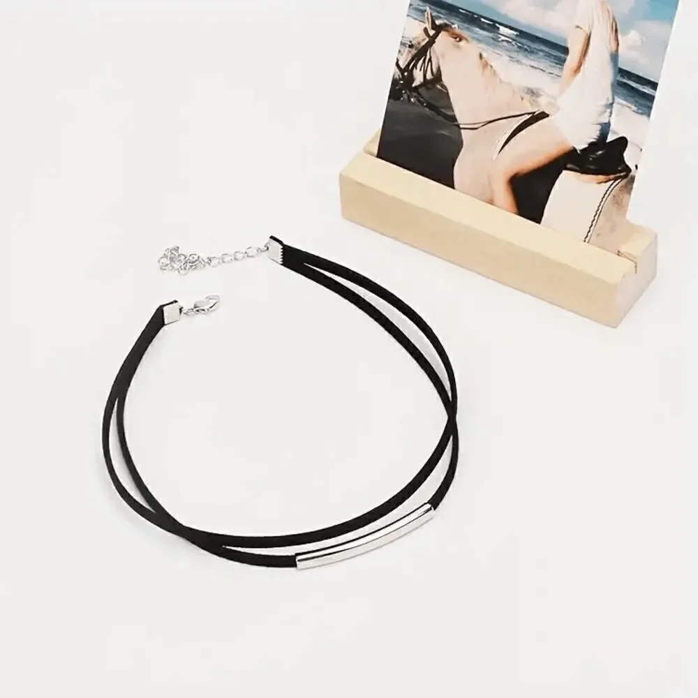 Multilayer Black Velvet Curved Silver Choker Double Layer Collar